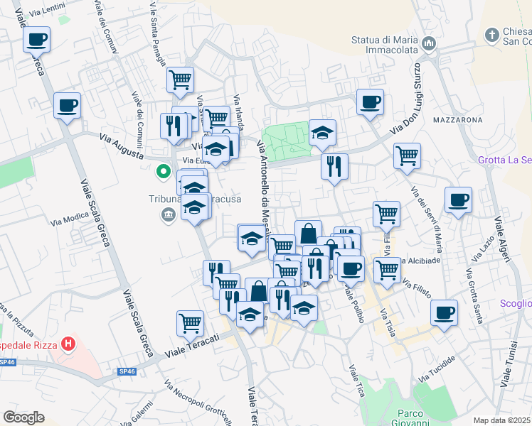 map of restaurants, bars, coffee shops, grocery stores, and more near Via Antonello da Messina in Syracuse