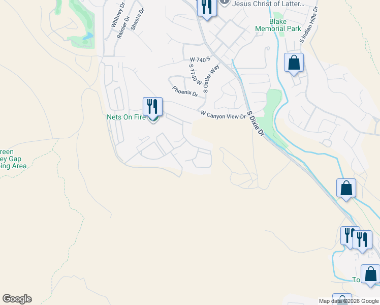 map of restaurants, bars, coffee shops, grocery stores, and more near 1845 West Canyon View Drive in St. George