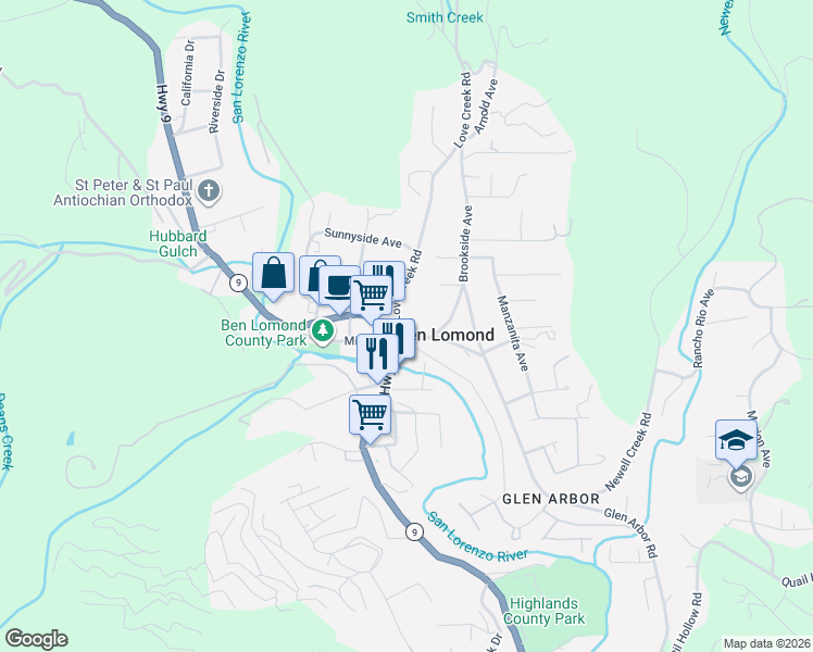map of restaurants, bars, coffee shops, grocery stores, and more near 9423 Brookside Avenue in Ben Lomond
