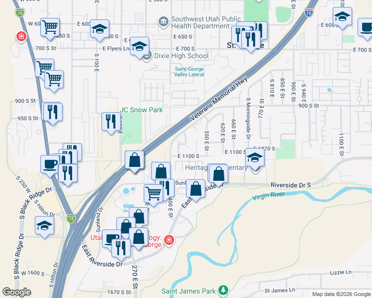 map of restaurants, bars, coffee shops, grocery stores, and more near 1063 South 430 East in St. George