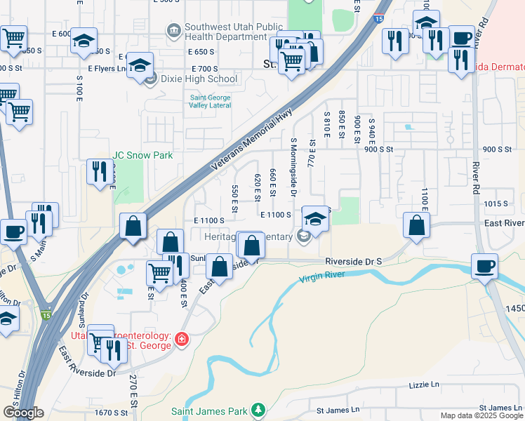 map of restaurants, bars, coffee shops, grocery stores, and more near 658 East 1100 South in St. George