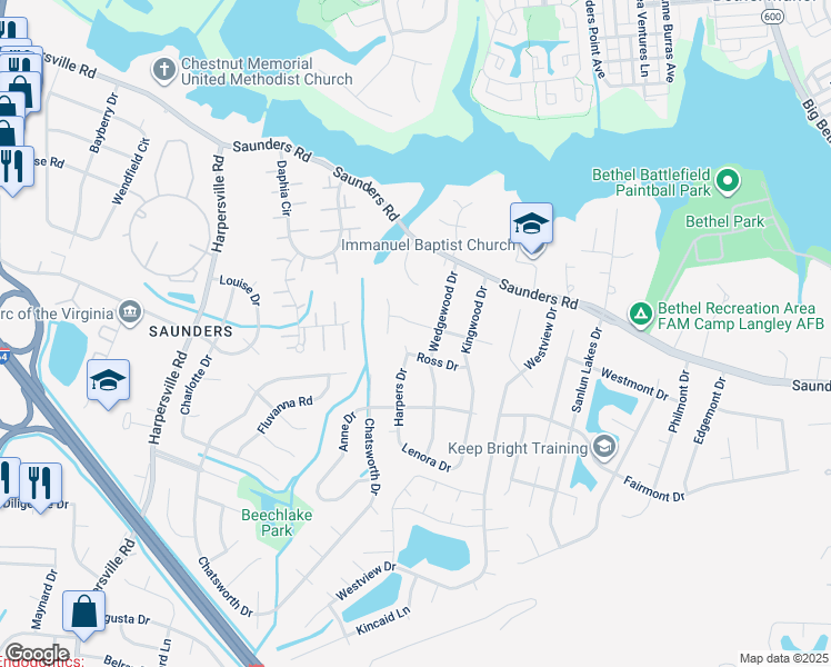 map of restaurants, bars, coffee shops, grocery stores, and more near 54 Crestwood Drive in Newport News