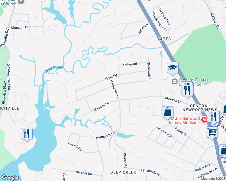 map of restaurants, bars, coffee shops, grocery stores, and more near 208 Normandy Lane in Newport News
