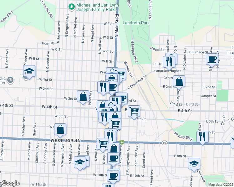 map of restaurants, bars, coffee shops, grocery stores, and more near 221 North Main Street Road in Joplin