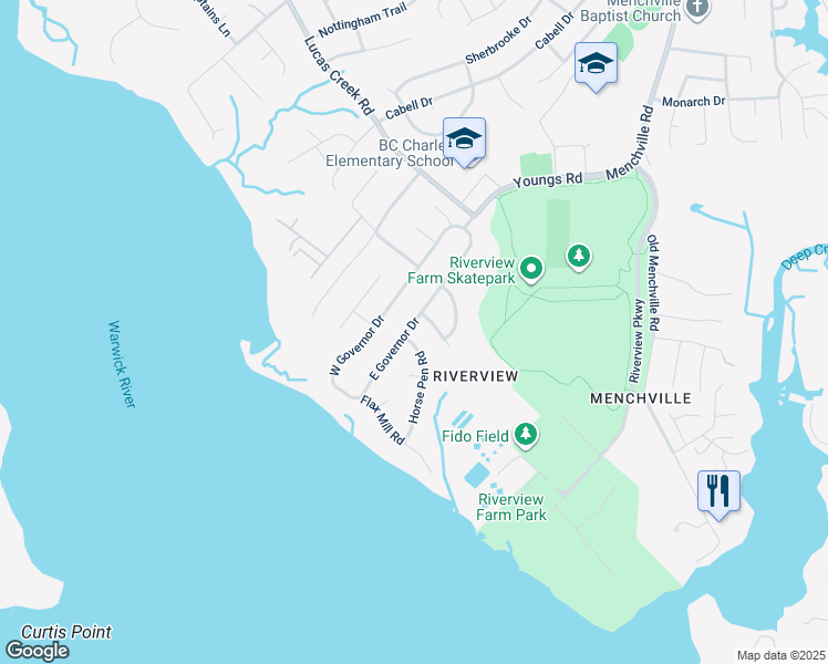 map of restaurants, bars, coffee shops, grocery stores, and more near 18 East Governor Drive in Newport News