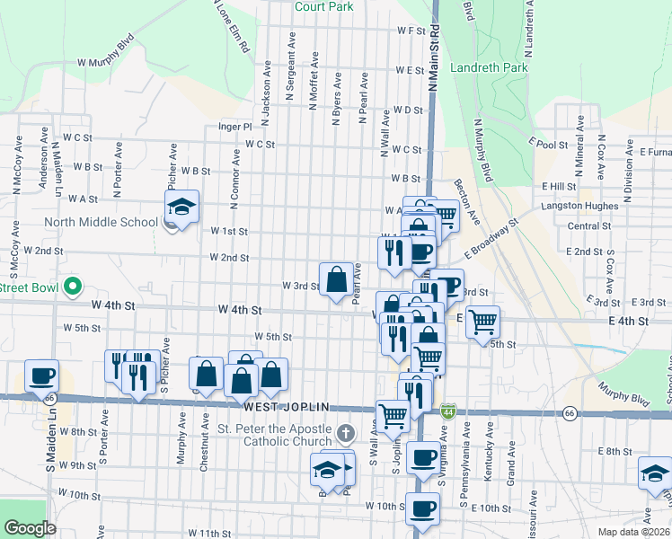 map of restaurants, bars, coffee shops, grocery stores, and more near 218 Byers Avenue in Joplin