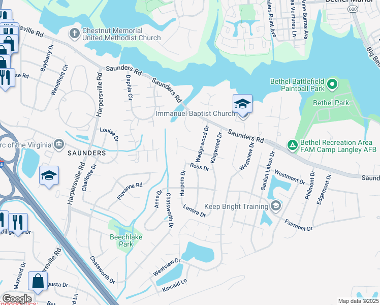 map of restaurants, bars, coffee shops, grocery stores, and more near 54 Crestwood Drive in Newport News