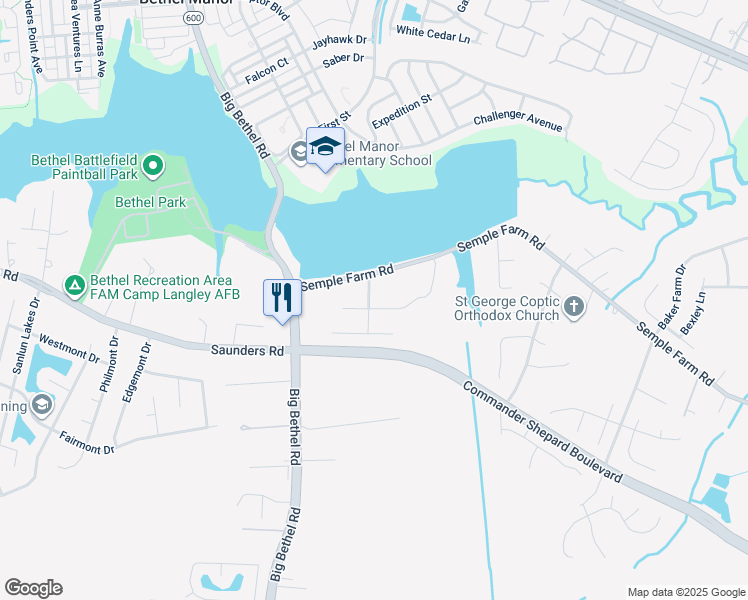 map of restaurants, bars, coffee shops, grocery stores, and more near 11 Reservoir Lane in Hampton
