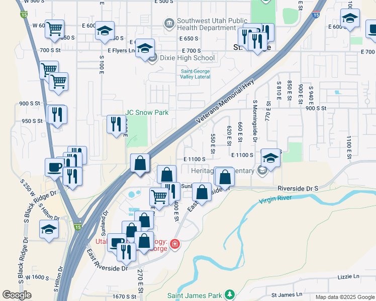 map of restaurants, bars, coffee shops, grocery stores, and more near 1063 South 430 East in St. George
