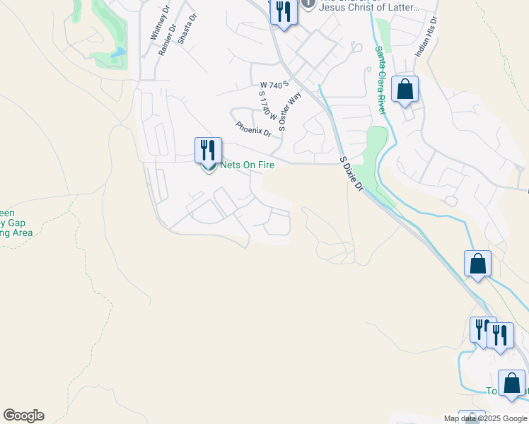 map of restaurants, bars, coffee shops, grocery stores, and more near 1845 West Canyon View Drive in St. George