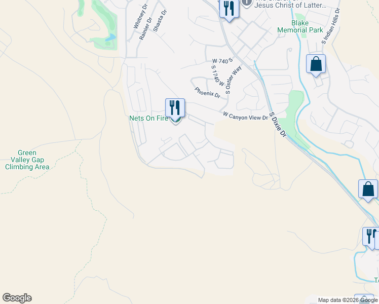 map of restaurants, bars, coffee shops, grocery stores, and more near 1157 Plantations Drive in St. George