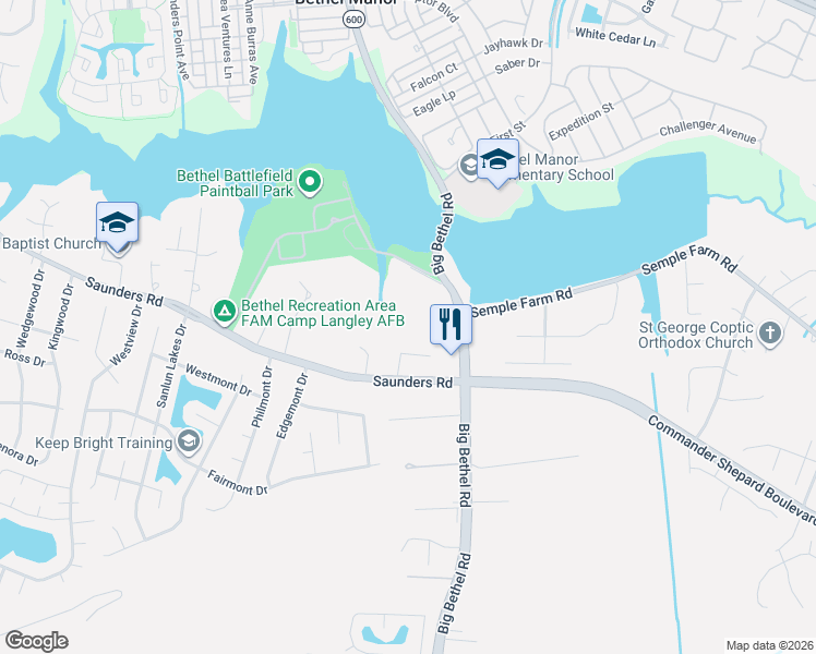 map of restaurants, bars, coffee shops, grocery stores, and more near 111 Flinton Drive in Hampton