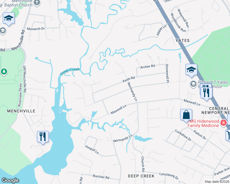 map of restaurants, bars, coffee shops, grocery stores, and more near 214 Milstead Road in Newport News