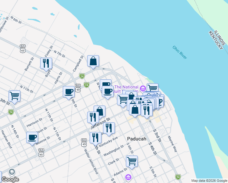 map of restaurants, bars, coffee shops, grocery stores, and more near 300-398 N 5th St in Paducah