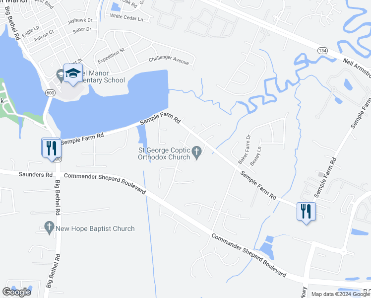 map of restaurants, bars, coffee shops, grocery stores, and more near 2 East Spur Court in Hampton