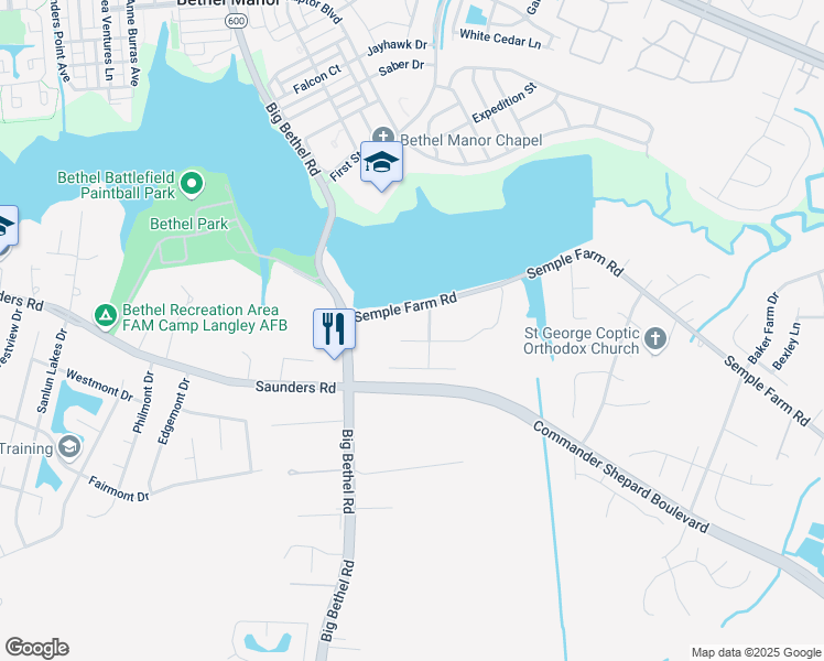 map of restaurants, bars, coffee shops, grocery stores, and more near 8 Old Pond Court in Hampton