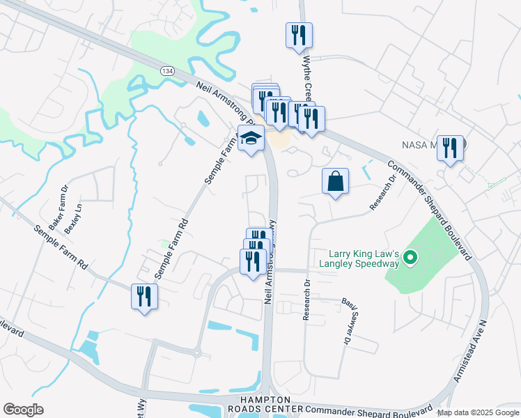 map of restaurants, bars, coffee shops, grocery stores, and more near 17 Triple Crown Court in Hampton