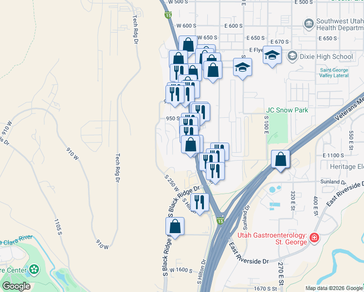 map of restaurants, bars, coffee shops, grocery stores, and more near 161 West 950 South in St. George