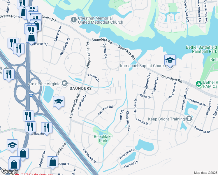 map of restaurants, bars, coffee shops, grocery stores, and more near 5 Rouvalis Circle in Newport News