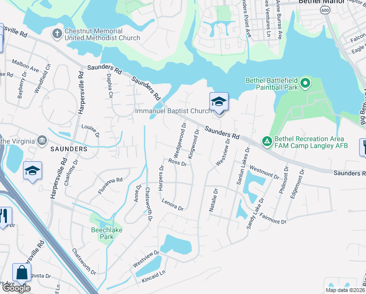 map of restaurants, bars, coffee shops, grocery stores, and more near 103 Wedgewood Drive in Newport News