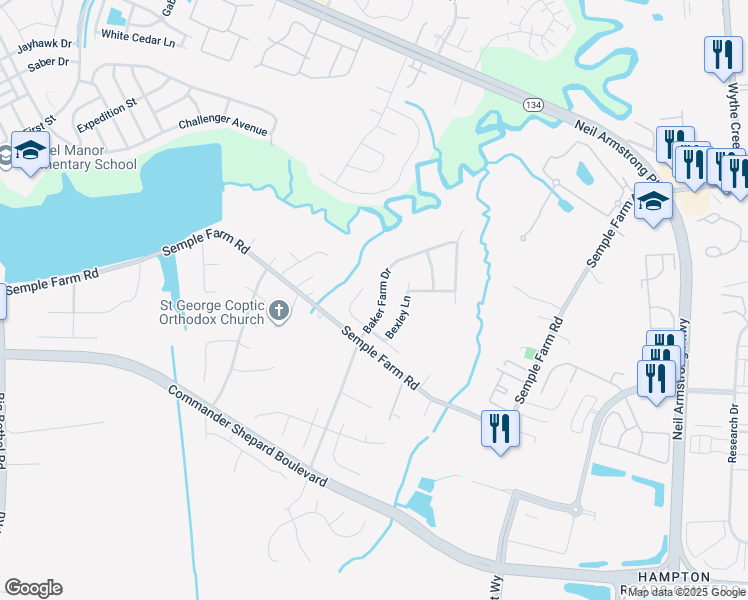map of restaurants, bars, coffee shops, grocery stores, and more near 107 Baker Farm Drive in Hampton