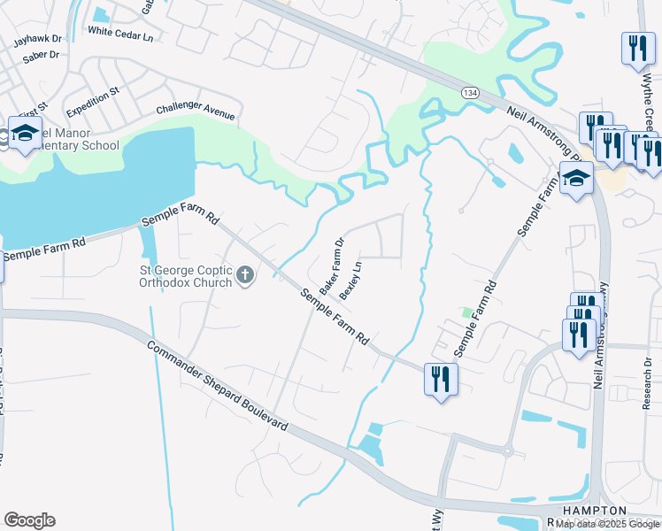 map of restaurants, bars, coffee shops, grocery stores, and more near 107 Baker Farm Drive in Hampton