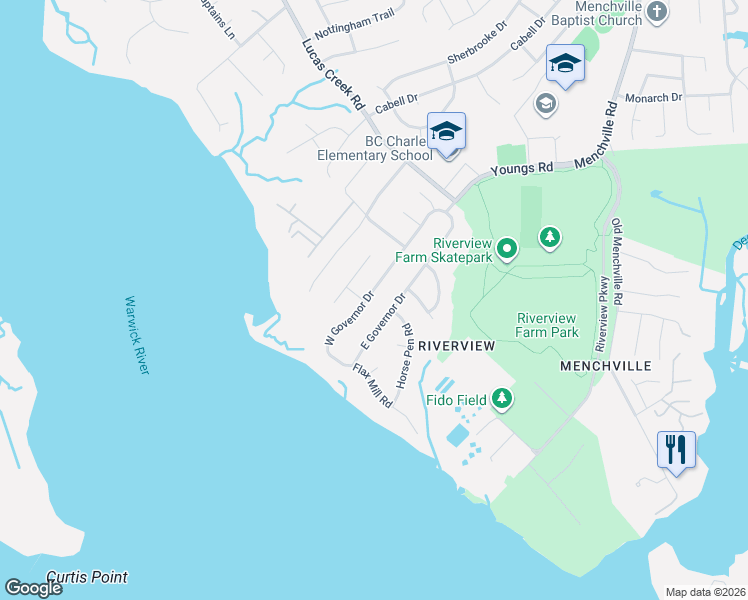 map of restaurants, bars, coffee shops, grocery stores, and more near 13 East Governor Drive in Newport News