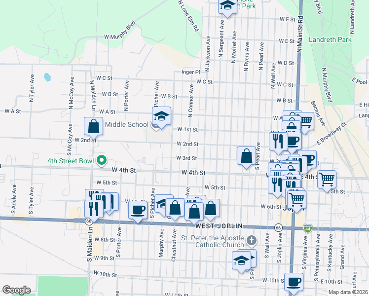 map of restaurants, bars, coffee shops, grocery stores, and more near 825 West 3rd Street in Joplin