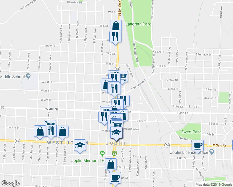 map of restaurants, bars, coffee shops, grocery stores, and more near 201 South Main Street in Joplin