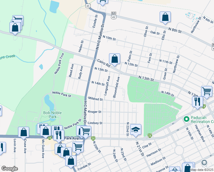 map of restaurants, bars, coffee shops, grocery stores, and more near Langstaff Avenue in Paducah