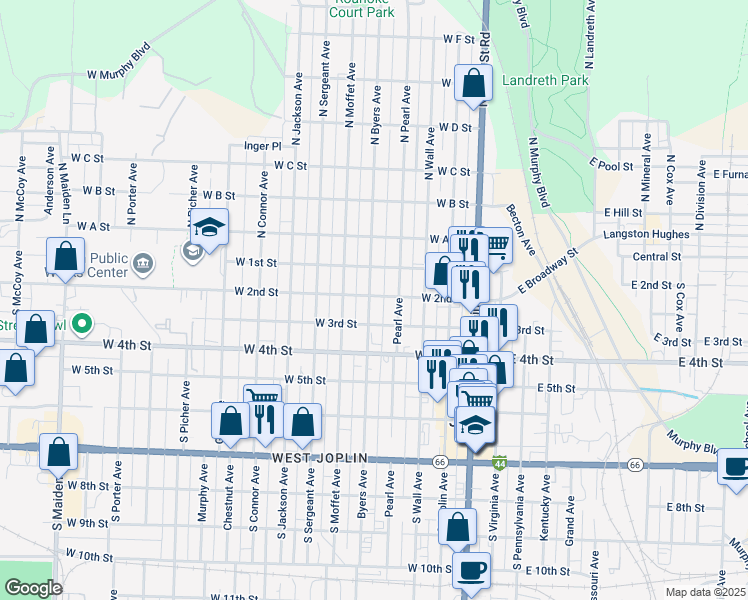 map of restaurants, bars, coffee shops, grocery stores, and more near 201 Byers Avenue in Joplin