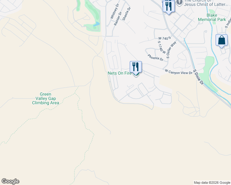 map of restaurants, bars, coffee shops, grocery stores, and more near 1111 Plantations Drive in St. George