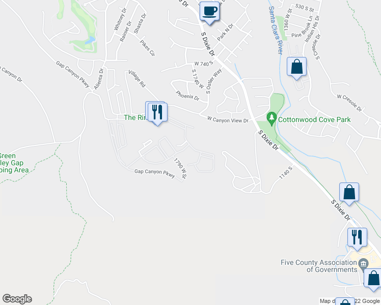 map of restaurants, bars, coffee shops, grocery stores, and more near 1845 West Canyon View Drive in St. George