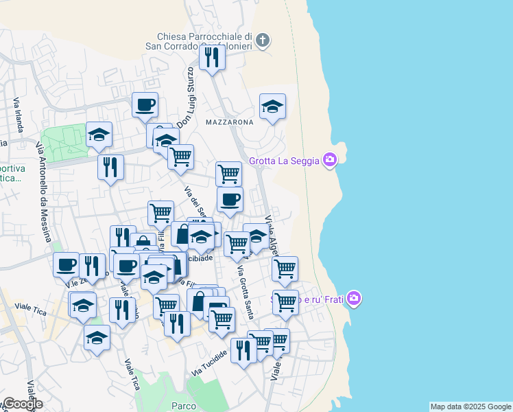 map of restaurants, bars, coffee shops, grocery stores, and more near 8 Via Lazio in Siracusa