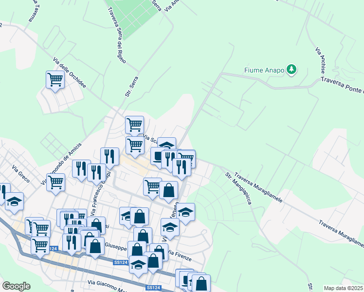 map of restaurants, bars, coffee shops, grocery stores, and more near 54 Traversa Muragliamele in Floridia