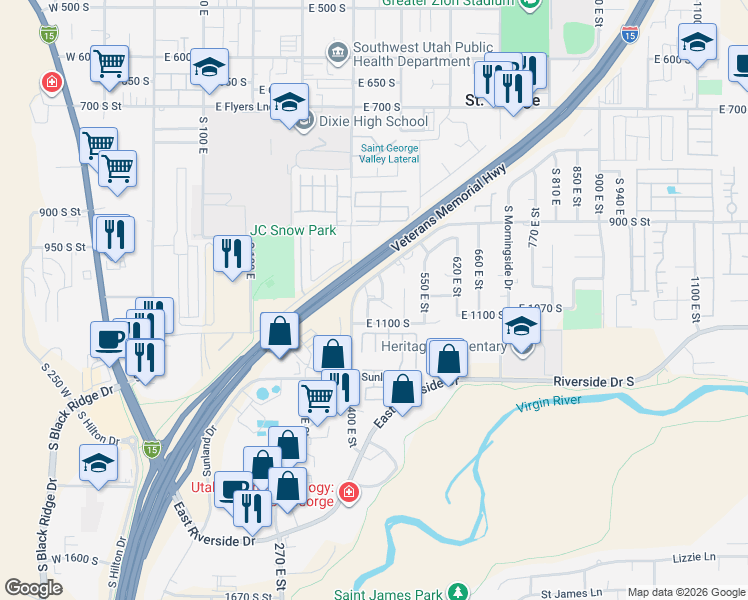 map of restaurants, bars, coffee shops, grocery stores, and more near 1063 South 430 East in St. George