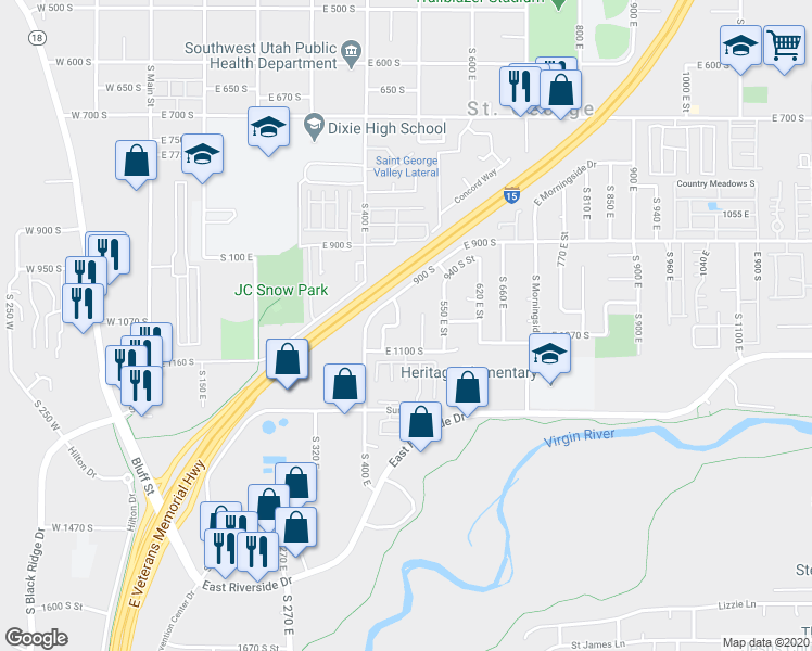 map of restaurants, bars, coffee shops, grocery stores, and more near 1063 South 430 East in St. George