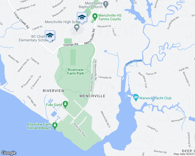 map of restaurants, bars, coffee shops, grocery stores, and more near 19 Camellia Drive in Newport News