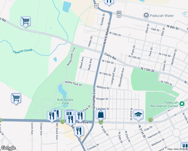 map of restaurants, bars, coffee shops, grocery stores, and more near 1401-1499 HC Mathis Drive in Paducah