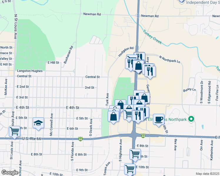 map of restaurants, bars, coffee shops, grocery stores, and more near 219 South Street in Joplin