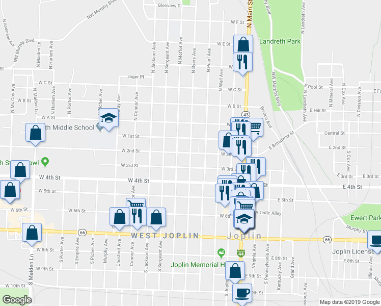 map of restaurants, bars, coffee shops, grocery stores, and more near 201 Byers Avenue in Joplin