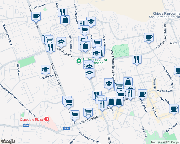 map of restaurants, bars, coffee shops, grocery stores, and more near 162 Viale Santa Panagia in Syracuse