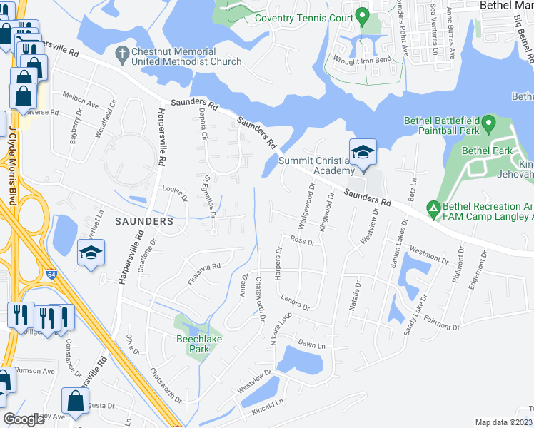map of restaurants, bars, coffee shops, grocery stores, and more near 38 Crestwood Drive in Newport News