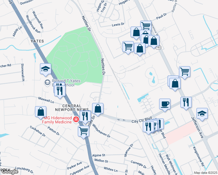 map of restaurants, bars, coffee shops, grocery stores, and more near 12756 Nettles Drive in Newport News