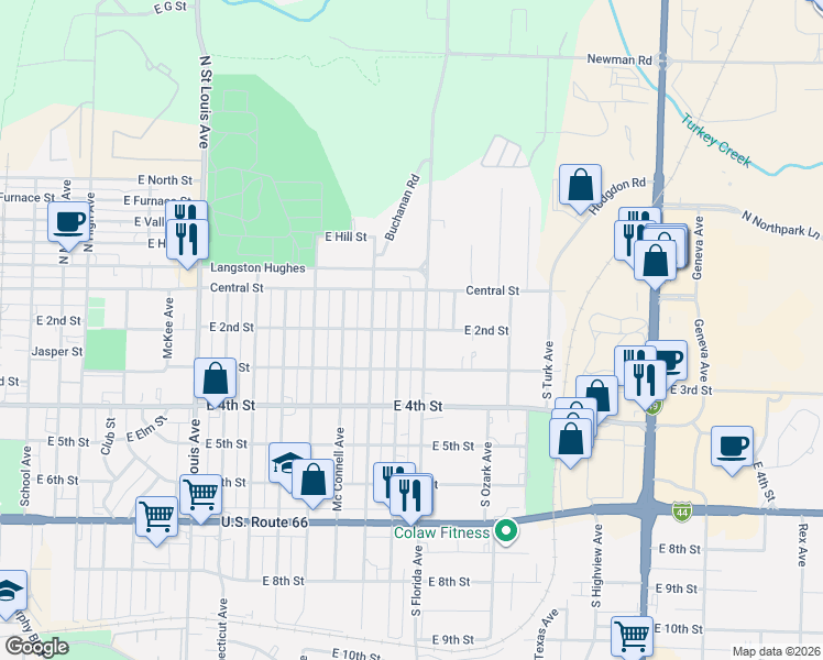 map of restaurants, bars, coffee shops, grocery stores, and more near 109 S Brownell Ave in Joplin