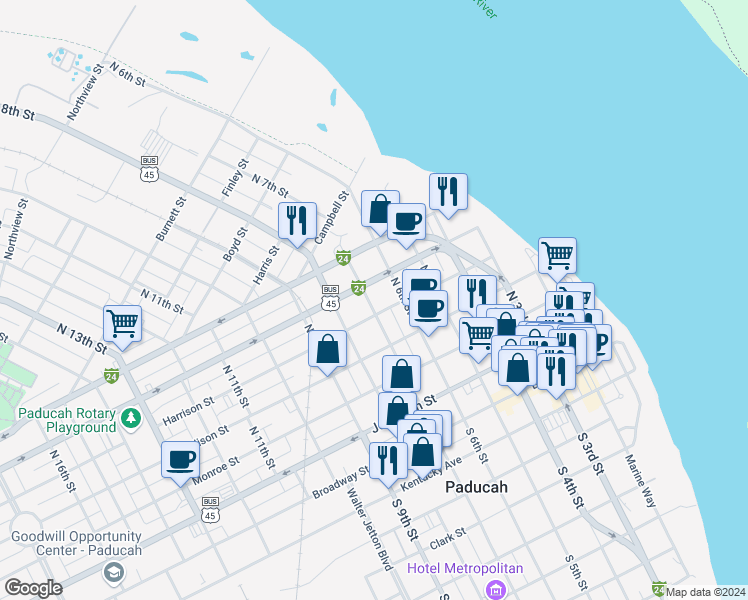 map of restaurants, bars, coffee shops, grocery stores, and more near 516 North 7th Street in Paducah