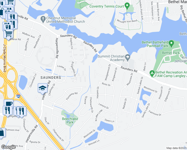 map of restaurants, bars, coffee shops, grocery stores, and more near 38 Crestwood Drive in Newport News