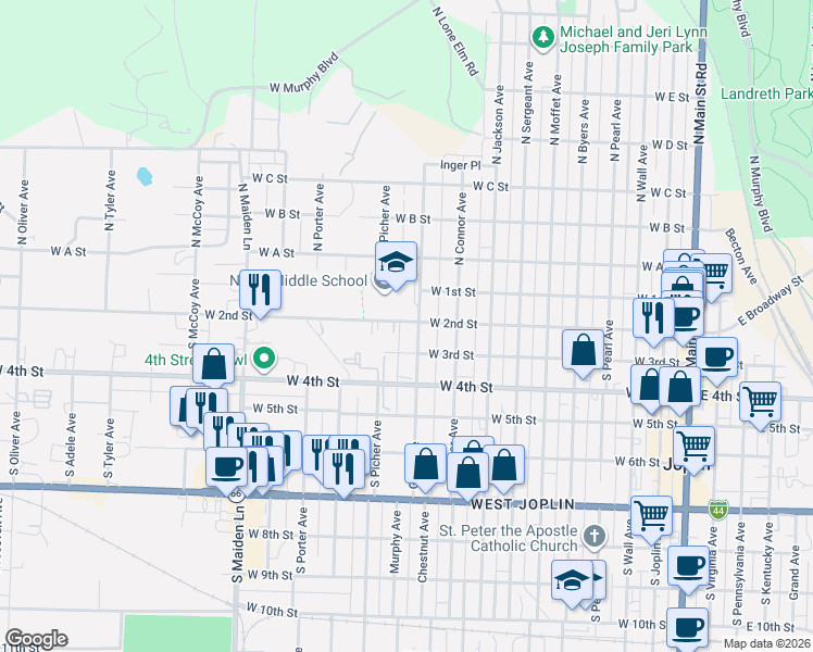 map of restaurants, bars, coffee shops, grocery stores, and more near 100-198 Gray Avenue in Joplin