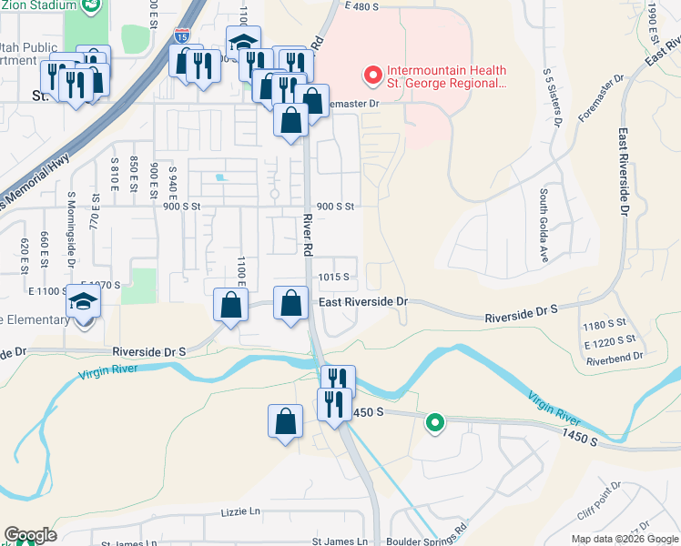 map of restaurants, bars, coffee shops, grocery stores, and more near 1051 South River Road in St. George