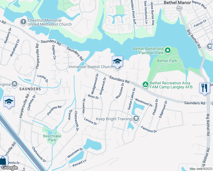map of restaurants, bars, coffee shops, grocery stores, and more near 9 Kingwood Drive in Newport News